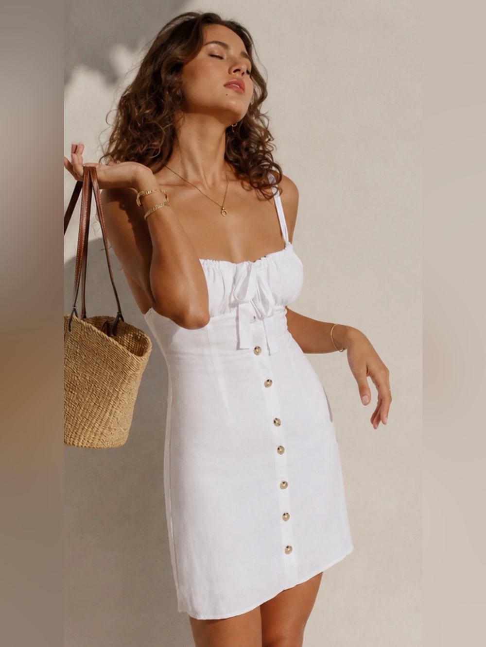 Commense White Button-Front Sundress with Tie Bodice